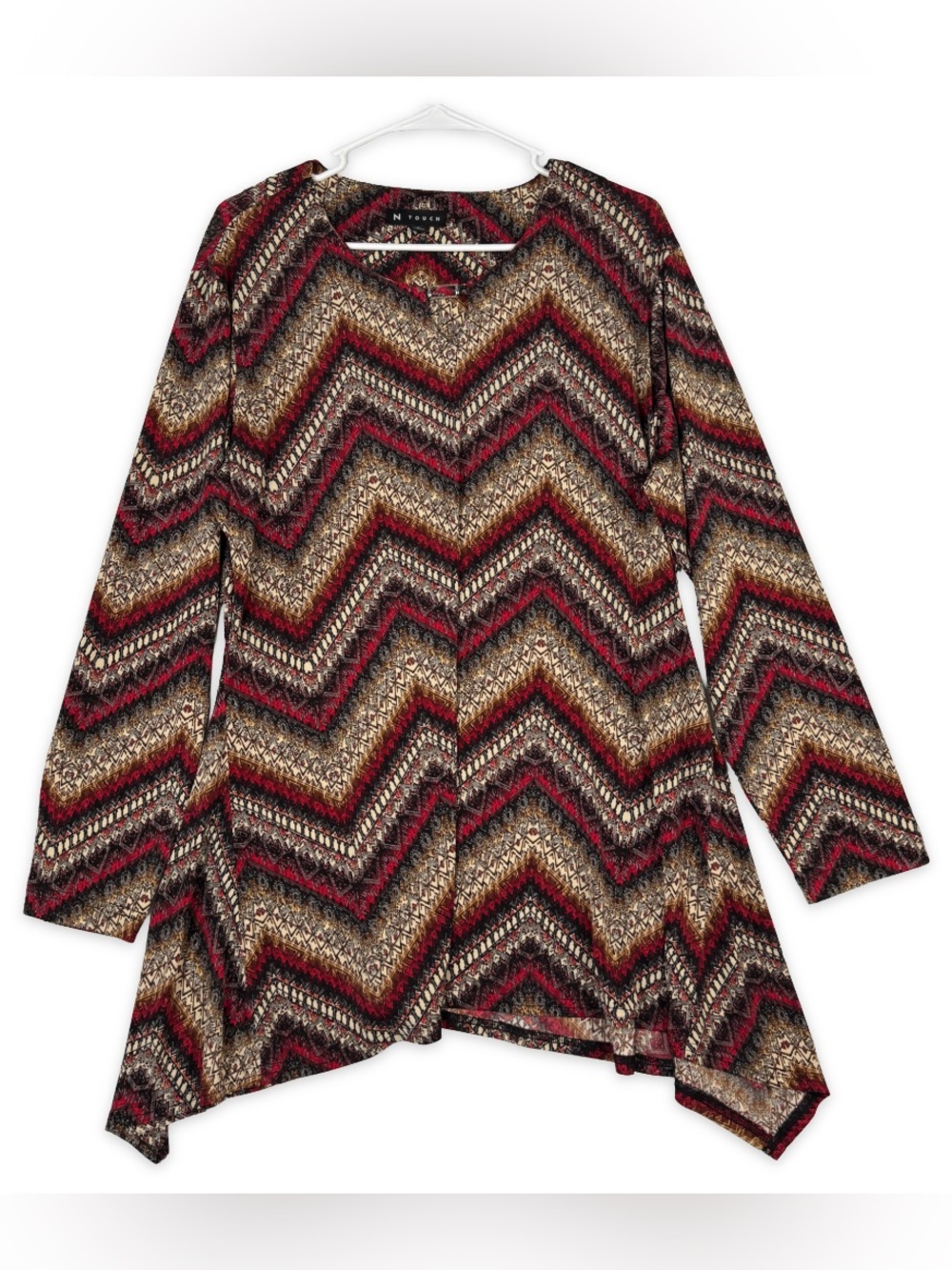 N Touch‎ Tunic Top Womens L Large Red Black Beige Geo Long Sleeve Keyhole Neck